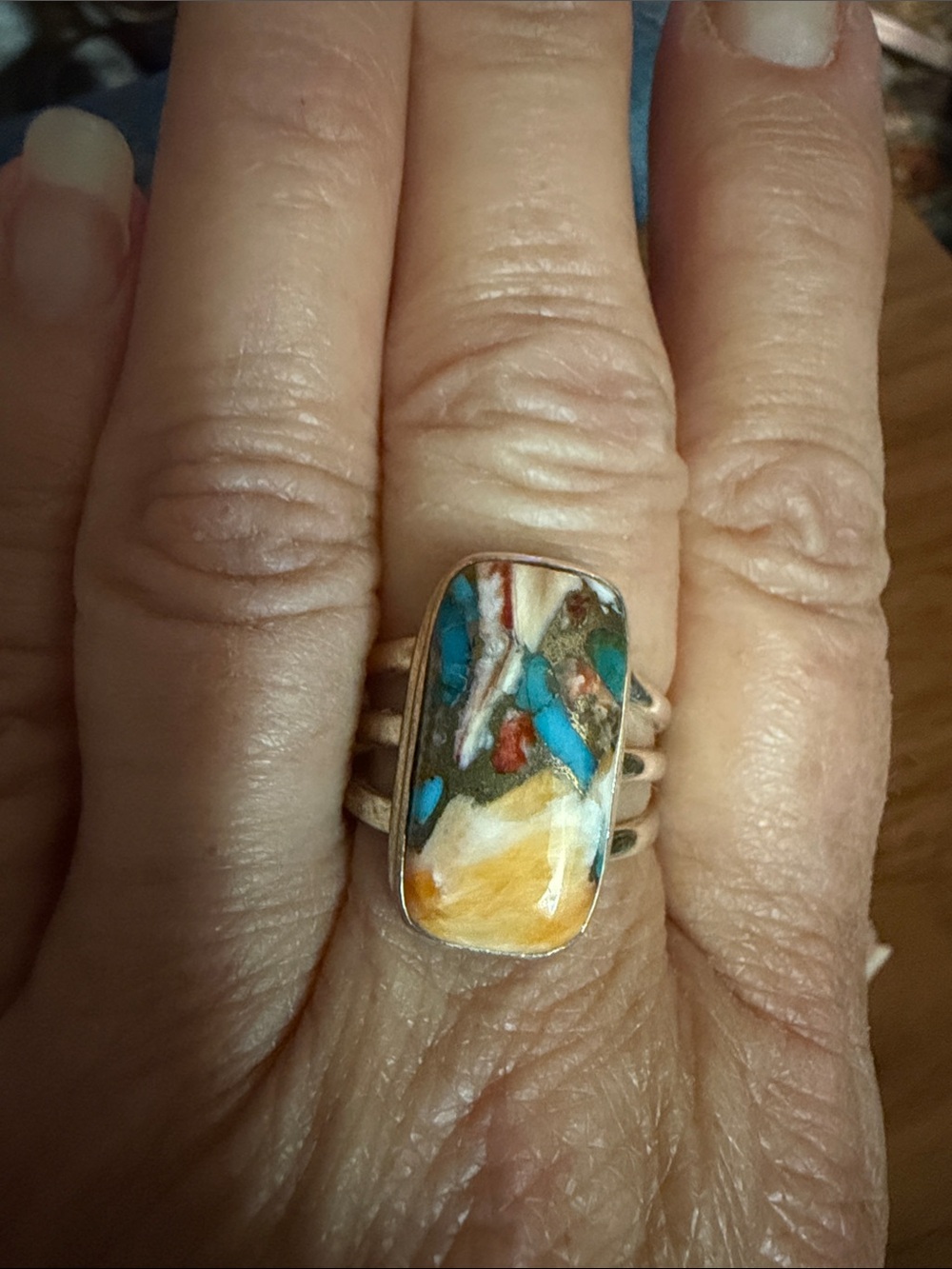 Multicolor Inlay Sterling Silver Statement Ring - Blue, Turquoise & Gold Tones